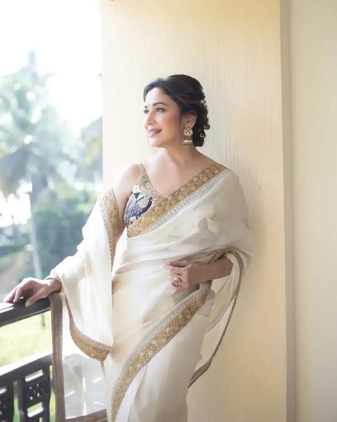 Indian Actress Madhuri Dixit in Traditional White Saree